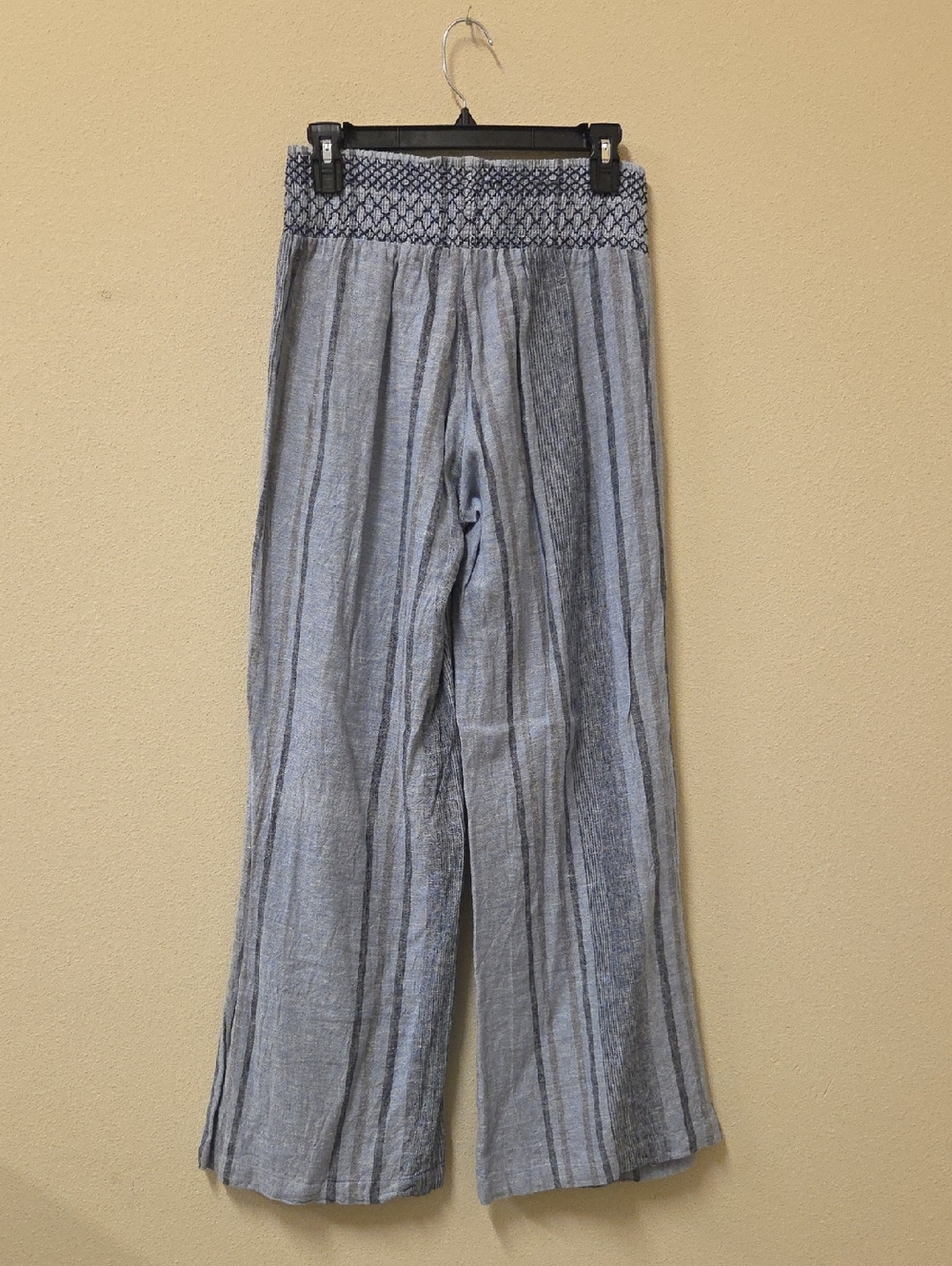 Striped Linen Women Smocked-Waist Wide Leg Pants Blue Gray Stripe Size M - Picture 3 of 4